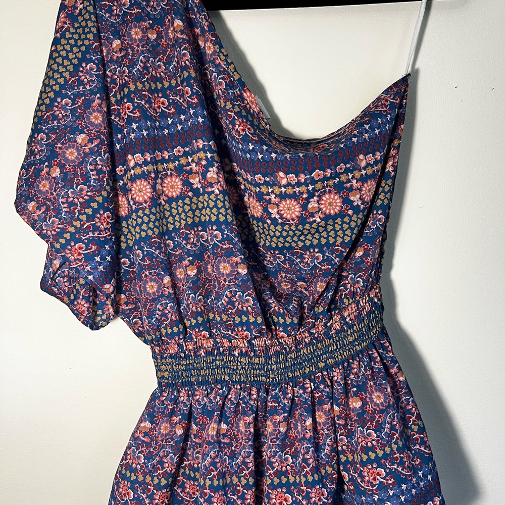 Chic One-Shoulder Floral Dress in Blue and Pink